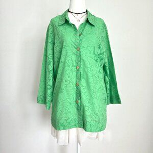 Y2K Kelly Green Floral Sheer Button Down Tunic Large Sag Harbor Boho Cottagecore